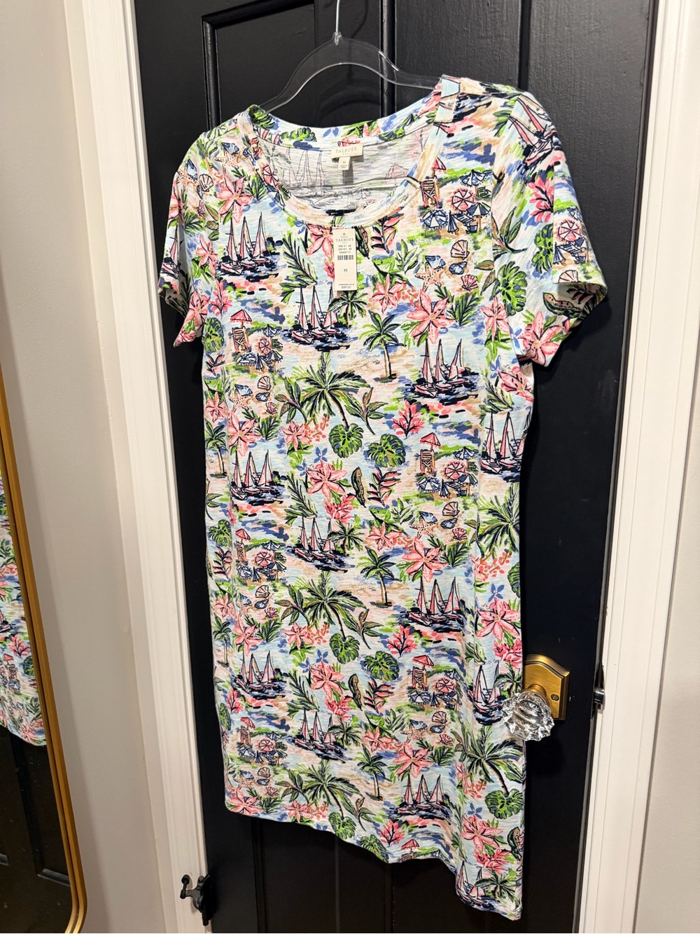 Talbots Tropical Sailboat Print Short Sleeve Mini Dress - White, Pink, Green